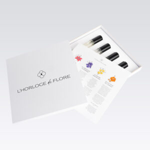 Coffret avec les 4 parfums de la collection "Les Signatures Créatives" de la marque française L'Horloge de Flore, née à Grasse.