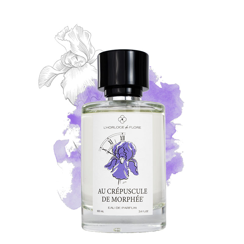 Flacon de 100 ml de l'eau de parfum Au Crépuscule de Morphée de la collection les Signatures Créatives de l'Horloge de Flore, marque française née à Grasse.