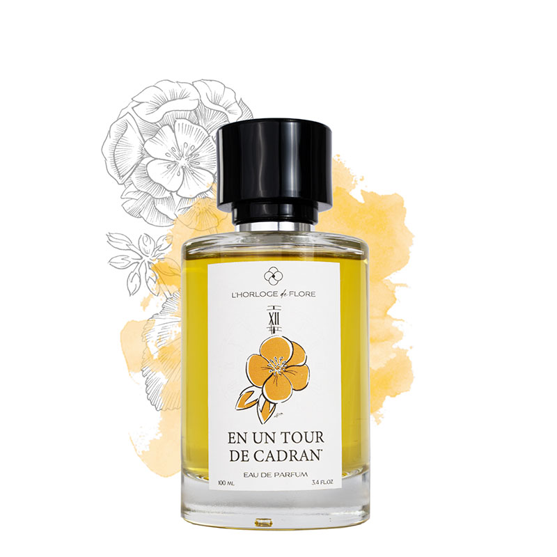 Flacon de l'eau de parfum En un Tour de Cadran de la collection "Les Signatures Créatives" de l'Horloge de Flore, marque française née à Grasse.