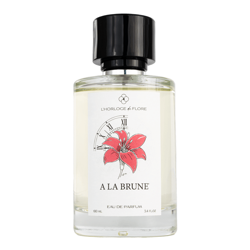 Flacon de 100 ml de l'eau de parfum "A la Brune", parfum de la collection Les signatures créatives de l'Horloge de Flore, marque française née à Grasse