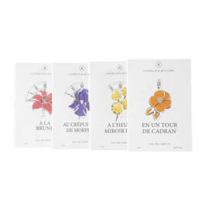 kit découverte les signatures créatives avec les échantillons des 4 parfums créés par l'Horloge de Flore, marque française née à Grasse.